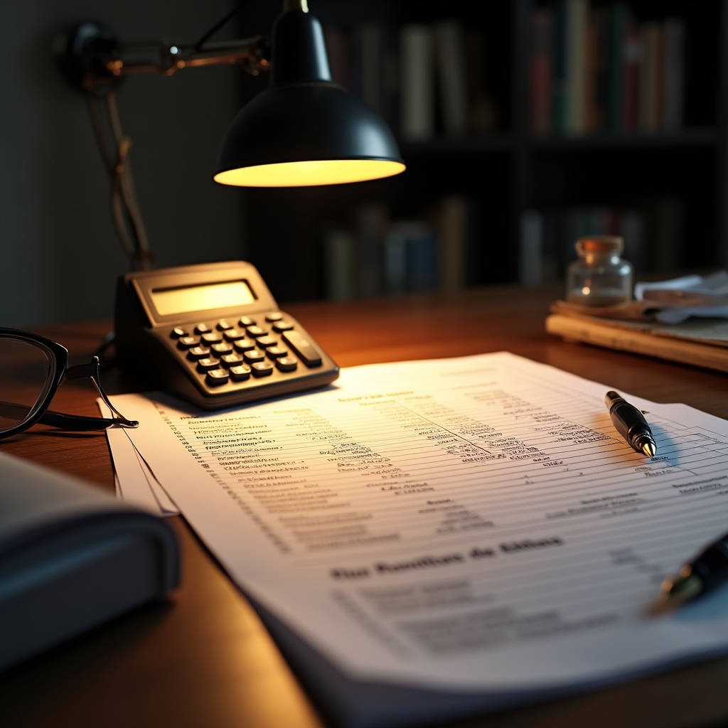 Calculator și foi de calcul cu estimare costuri totale locuință pe un birou ordonat