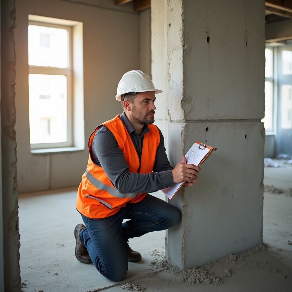 Specialist în inspecție tehnică verificând lucrări pe un șantier de construcții