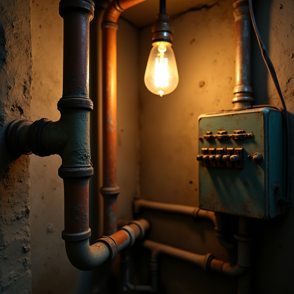 Instalații vechi cu țevi de plumb și tablou electric depășit